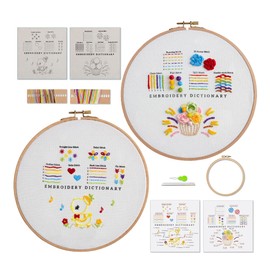 Evhelys Level 1 Hand Embroidery Kit, Basic Stitching for Beginners, 2 Sets in Pack, 1 Hoop, Embossed Cloth, Instructions Included, 2 Needles, 12 Pieces Embroidery Stitch Practice Kit (Shred+Flower)