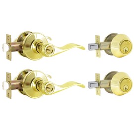 Brotima 2 Pack Keyed Alike Entry Door Lock Set,Polished Brass Door Lock Set with Double Cylinder Deadbolt, Wave Style Keyed Alike Entry Lockset