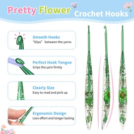 Coopay 4mm Crochet Hook, Sparkly Floral Pattern Crochet Hooks, Ergonomic Crochet Hooks for Arthritic Hands, Tapered Crochet Hook with Resin Handle, for Handmade Knitting, for Beginners (4.0mm)