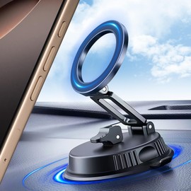 DEERLAMN Vacuum Magnetic Phone Holder for Magsafe, [Vacuum + Reusable Nano Adhesive] Double Stability Suction Cup Car Phone Mount, Foldable Multi-scenarios Cellphone Holders for Car/Desktop-Black