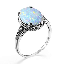 SZJINAO 6CT White Opal Ring Sterling Silver Rings For Women Floral Edwardian Antique Filigree Engagement Wedding Ring (Opal, 9)