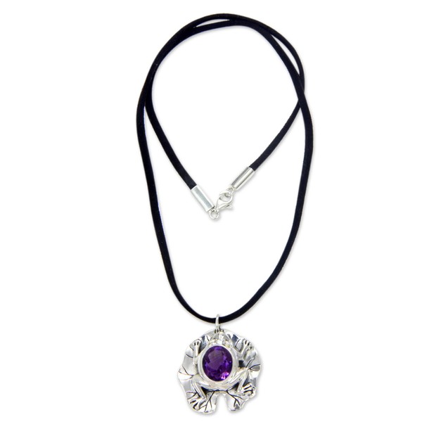 NOVICA Artisan Handmade Amethyst Pendant Necklace Artisan Crafted Frog Sterling