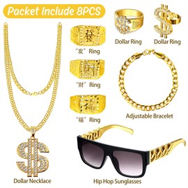 Goenb 8PCS Hip Hop Costume Accessories, Rapper Costume 80s 90s Accessories for Men Women Rapper Sunglasses Kanji Ring (gold)