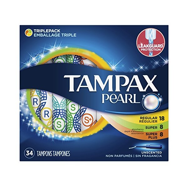 Tampax Tampons Pearl Triple Pack 34 Count Unscented 18 Regular+8 Super+8 (2 Pack)