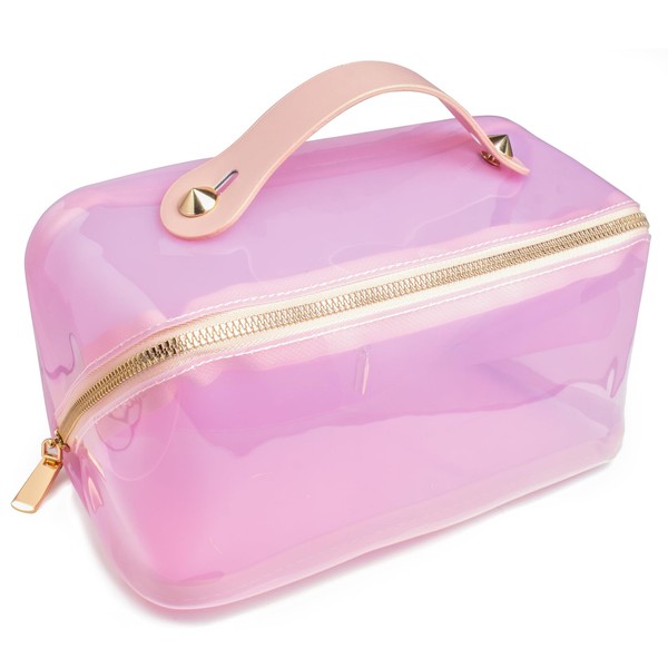 LETGO Clear Travel Bags for Toiletries, Transparent TSA Cosmetic Bag Lightweight PVC Clear Pouch with Zipper Handle Portable Travel Luggage Storage Bag for Women Girls (Pink)