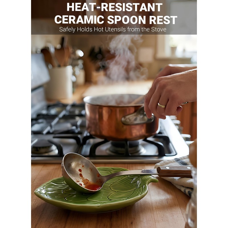 Green Leaf Spoon Rest, Ceramic Utensil Holder for Stove Top