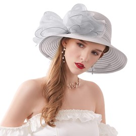 Naimo Women's Organza Church Kentucky Derby Fascinator Hat Elegant Bow Wide Brim Bridal Hat Tea Party Wedding Sun Hat, gray
