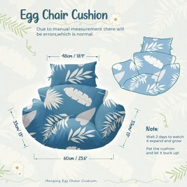 Uthem Waterproof Egg Chair Cushion Replacement 47x31.5x4.7 inch Thicken Hanging Egg Swing Chair Cushion Indoor Outdoor Wicker Rattan Hammock Basket Cushion with Headrest Pillow, Blue Leaf