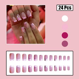 24Pcs Flower Acrylic Nails French Tip Press on Nails Short Square Fake Nails with Glitter Nail Tip Coffin Press ons Pink False Nails Flower Full Cover Glue on Nails for Women Girls DIY Manicure