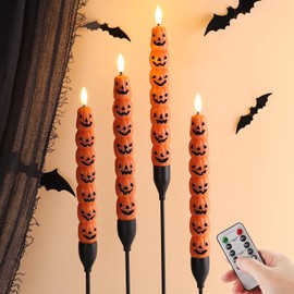 Eywamage Orange Pumpkin Flameless Taper Candles with Remote, Flickering Real Wax Battery LED Candlesticks Set of 4