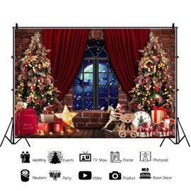 ASDCXZ Christmas Photo Background 2.2 x 1.5 m, Merry Christmas Window Christmas Tree Snow Scene Brick Wall Photo Wall Background, Vinyl Family Party Ornaments Photography Background Banner
