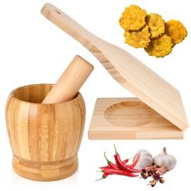 Supkiir 2 Kitchen Tools Including Mortar and Pestle Set and Wood Tostonera Plantain Press, Natural Plantain Smasher for Fried Banana Pepper Spices Garlic Press Grinder Chopper Crusher