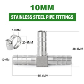 TAISHER 2PCS 304 Stainless Steel 10MM Hose Barb Fittings，3 Way Tee T Shape Joint Splicer Mender Fitting Union for Fuel/AIR/Lquid/Gas with 6PCS Hose Clamp