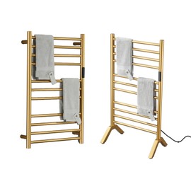 XMGJ Electric Towel Warmers Radiator with Timer Gold, 140W Wall-Mounted & Freestanding Heated Towel Drying Rack with 11 Bars, 304 Stainless Steel Heated Towel Rail for Bathroom, Plug-in