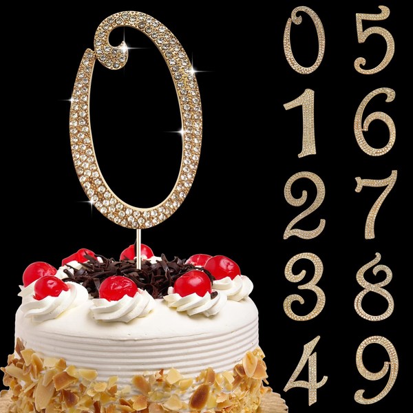 Becizy - Decoración grande para tartas de cumpleaños número 0, con diamantes de imitación dorados con diamantes de imitación no 1, 10, 16, 18, 21, 30, 40, 50, 60, 70, 80, decoración para fiestas,
