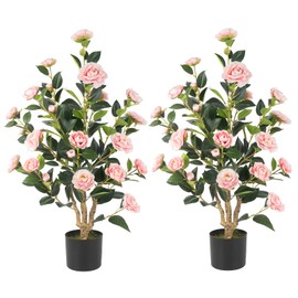 Artificial Camellia Tree 2 Pack, 36’’ Faux Camellia Plant in Pot with Pink Flowers, Greenery Potted Plant for Indoor Outdoor Office Home Porch Decor, Pink