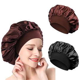 2PCS Silk Bonnet Hair Bonnets for Sleeping Satin Bonnet for Black Women Silk Hair Bonnet for Curly Hair Bonette for Women Silky Sleeping Cap Hair Cap for Sleeping Bonnet for Locs(Black+Coffee)