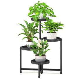 iDavosic.ly 4 Tier Folding Plant Stand Indoor Outdoor with Plastic Tray, Tiered Corner Flower Holder Shelf, Metal Orchid Display Rack for Patio Porch Living Room Garden Balcony, Modern Black