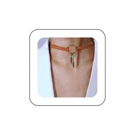 Aneneiceera Boho Layered Suede Choker Necklace Leaf Pendant Necklace Chain Brown O Ring Leather Choker Necklace Vintage Necklace Jewellery Gifts for Women and Girls, Metal
