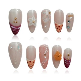 Tesytto Summer Almond Press on Nails - 10pcs Medium French Tip with 3D Pearl Flower Butterfly Charms, Nude Pink Base Handmade Nails for Beach & Vacation Nail Art (Hand Painting,M)