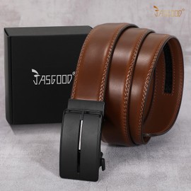 JASGOOD Mens Belt Leather Ratchet Belt for Men Automatic Ratchet Buckle 1 3/8" Slide Belt for Dress Pant,Brown