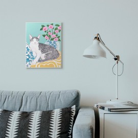 Stupell Industries Cat with Cushion and Vase Pastel Animal Painting, Design by Sally B Art, 13x19, Wall Plaque