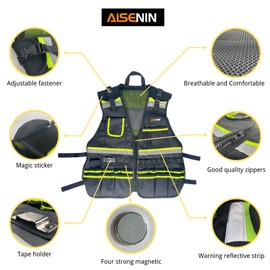 AISENIN Reflective Safety Tool Vest with Multi-pockets and Zipper,Heavy Duty Tool Vest for Electricians Carpenter (Fluorescent Green)