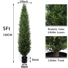 Artificial Cedar Topiary Trees 5ft Fake Cypress Trees Faux Cedar Topiary Evergreen Potted Plants Silk Pine Cypress Tree for Outdoors Front Home Decor 2 Pack