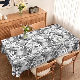 Waterproof Vinyl Table Cloth,Rectangle Tablecloths with Flannel Backing Wipeable Spillproof Plastic Table Cover for Dinner, Picnic, Indoor and Outdoor (Black Ink Ｆlowers， 60" x 84")