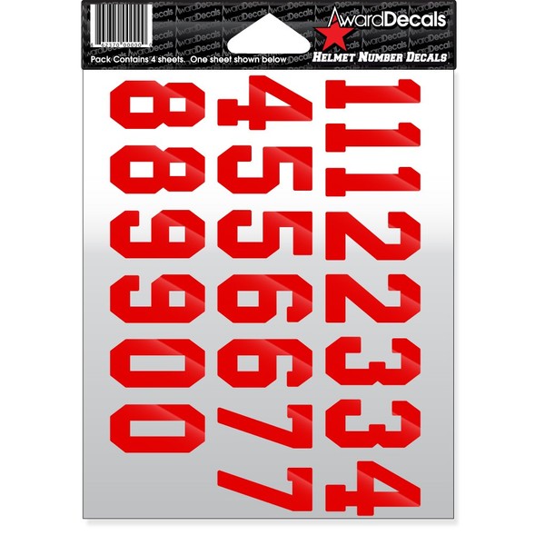 Award Decals Number Stickers for Helmets (Football, Baseball, Softball, Hockey, Lacrosse, Etc.) (Red)