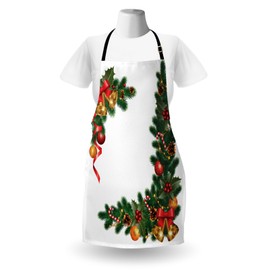 Ambesonne Christmas Apron, Noel Themed Illustration Fir Tree Ornaments Classical New Year Concept Print, Unisex Kitchen Bib with Adjustable Neck for Cooking Gardening, Adult Size, Forest Green
