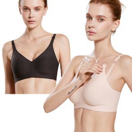 HUAXITRA Nursing Bras for Breastfeeding, Seamless Maternity Bras for Women Wireless Breastfeeding Bras, 2 Pack Pregnancy Bra Women Comfort Breast Feeding Pregnancy Sleep Bralette (Black+Beige