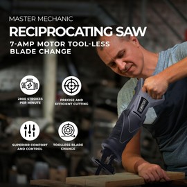 Master Mechanic Reciprocating Saw Electric Power Tool, 7-Amp Motor Tool-Less Blade Change for Wood Surfaces with 2 Blades, 0-2800 SPM, Black