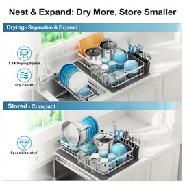 GSlife Large Dish Drying Rack - Expandable Stainless Steel Dish Racks for Kitchen Counter or Over Sink, Full Size Dish Drainer with Drainboard, Cups Holder and Utensil Holder, Black