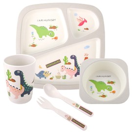Kids Tableware Set 5 Pcs, Feeding Dinnerware Set for Toddlers Includes Plate Bowl Cup Fork and Spoon Utensil Flatware, Kids Feeding Set Dishwasher Safe, BPA Free (Dinosaurs)