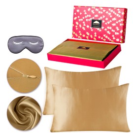 BlueHills 22 Momme 100% Pure Mulberry Natural Soft Both Sides Silk Pillowcase for Hair and Skin Hidden Zipper Silk Pillow Case (22 Momme Gift Pack 3 Piece Standard, Gold)