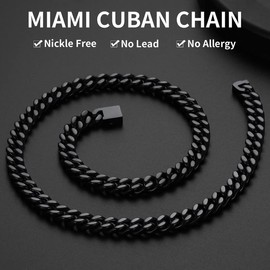 Mens Cuban Link Chain, Black Miami Cuban Chain Necklace for Men, 9mm Wide Hip Hop Mens Jewelry, 24"