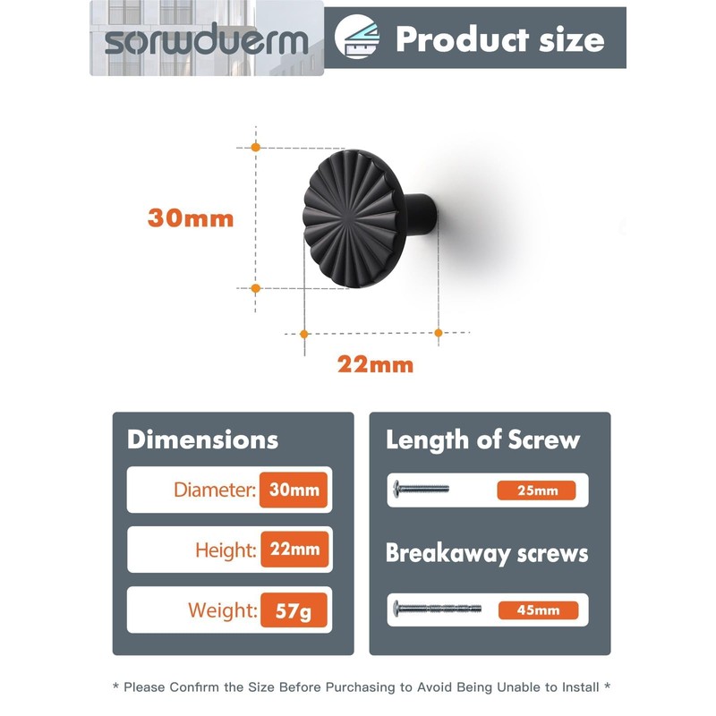 SORWDUERM 5 Pack Black Cabinet Knobs Matte Black Kitchen Solid