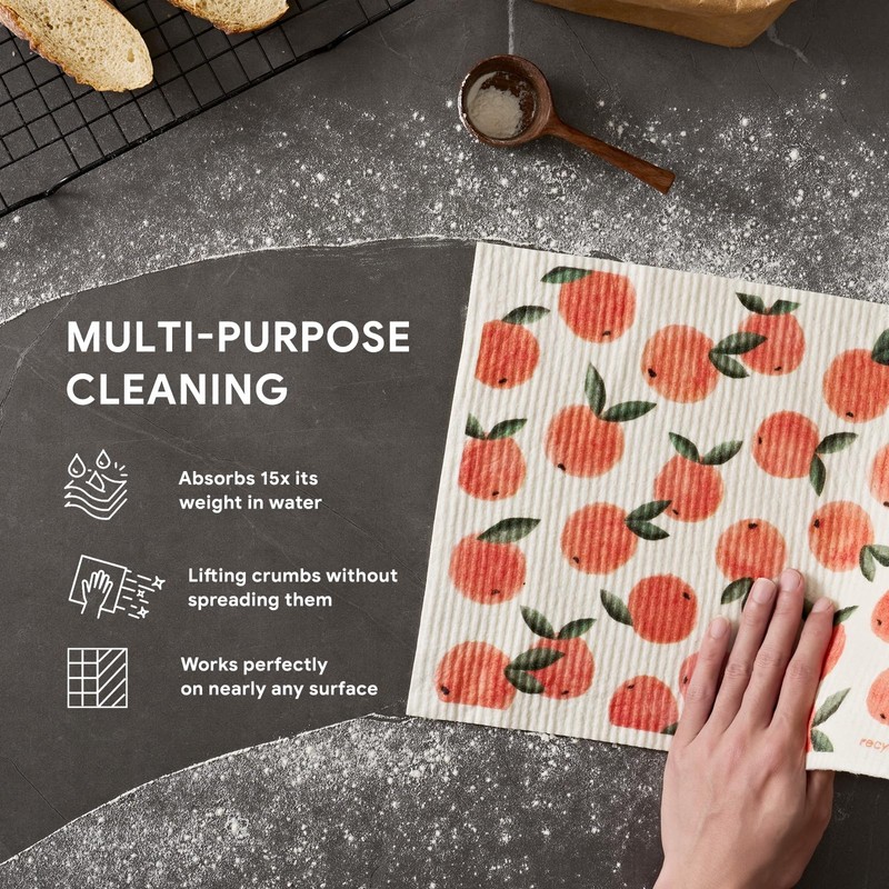 RECYCO Swedish Dishcloths for Kitchen | 4 Pack Peachy Leaves