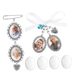 Gtwoilt Wedding Bouquet Photo Charms with Holder for Wedding Memorial Bride Angel Pendant Charm, DIY Pin Brooch with Oval Glass Cabochon Pendants for Bridal Wedding Party, Zinc, No Gemstone