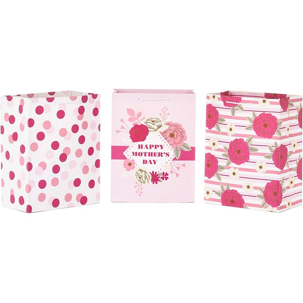 Hallmark 11" Large Gift Bag Bundle (3-Pack: "Happy Mother's Day," Pink Polka Dots, Pink Flowers) for Moms, Birthdays, Bridal Showers, Baby Showers