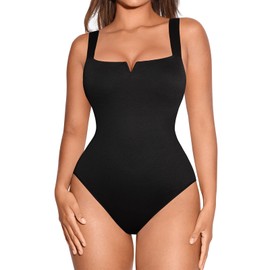 FeelinGirl Body Women's Shapewear Tummy Control Summer Fashion Square Neck with V Opening Going Out Tank Tops Shaper Bodysuit, black