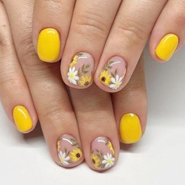 24Pcs Floral French Tip Press on Nails Square Short Fake Nails Spring Summer Sunflowers False Nails Cute Daisy Artificial Glue on Nails Yellow Coffin Acrylic Nails Flower Stick on Nails for Women