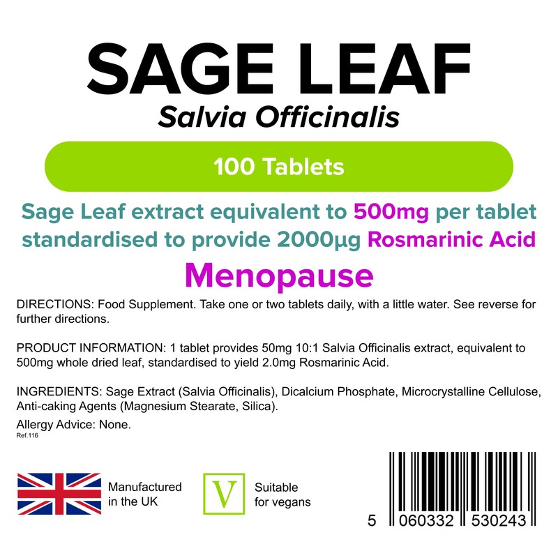 Lindens Sage Leaf Extract 500mg Tablets - 100 Pack -
