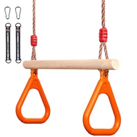 Trapeze Swing Bar Rings, VIsuIvit Children's Wooden Trapeze Swing Bar with Adjustable Rope, Locking Straps, Outdoor Swing Set Playground Accessories Gym Rings for Kids (Orange)