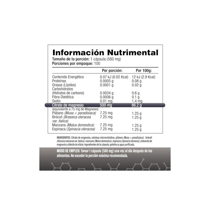Citrato de Magnesio 500 mg con 100 Cáps y Citrato