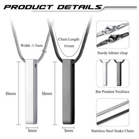 JeweBella 2PCS Mens Necklaces Stainless Steel Bar Pendant Necklace Cuboid Silver/Black Bar Pendant with Snake Chain 61CM Couples Necklace Set for Men Women Jewellery Gift