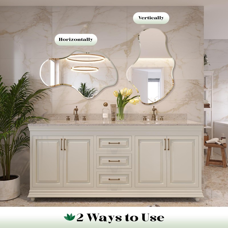 Wiserset Irregular Wall Mirror, 20”x36” Frameless Asymmetrical Mirror, Funky Wavy