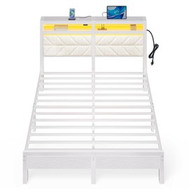 Seventable Bed Frame Queen Size with Charging Station, LED Bed with Upholstered Storage Headboard, Metal Platform Bed with Under Bed Storage, No Box Spring Needed, Noise Free, Easy Assembly, White