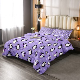 Penguin Comforter Set Queen Size Kawaii Penguin Down Comforter Antarctic Animal Bedding Set for Kids Boys Girls Teens Cartoon Cute Winter Quilt Set Snowflake Pattern Duvet Set Room Decor, Purple